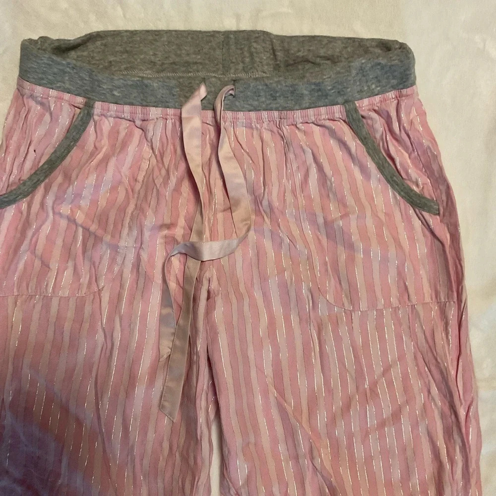Victorias Secret Gray Top and Pink Striped Pajama Set